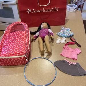 American Girl Doll LOT GIFT Dark Hair Blue Eyes Case Clothes Shoes Gymnastics